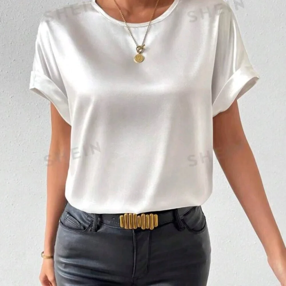 SHEIN Prive' Batwing Short Sleeve Satin Blouse With Round Neck